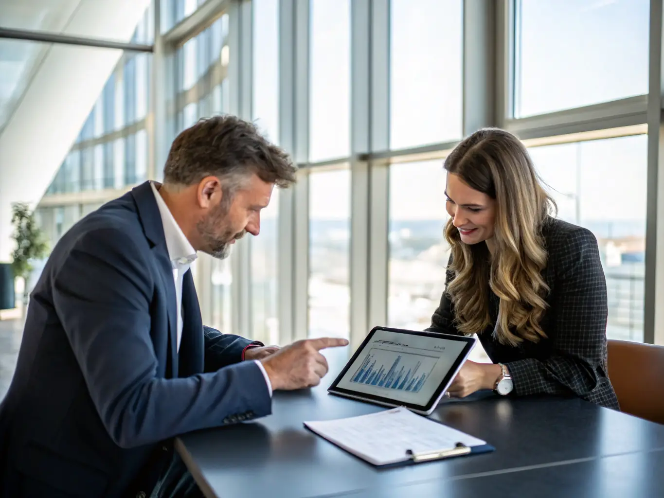 A consultant working with a client, discussing digital strategies and solutions using the CRATILYS Platform on a tablet. The setting is a modern office environment.
