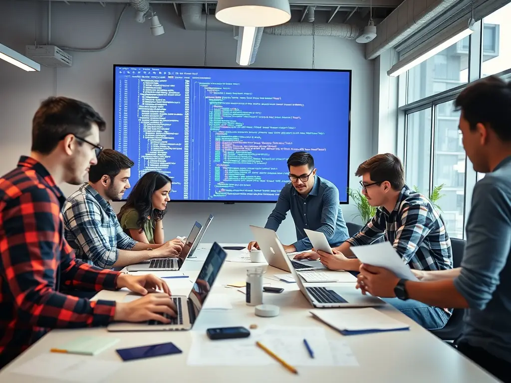 A team of software developers collaborating on a project, using low-code platforms to accelerate development timelines. The workspace is modern and collaborative.