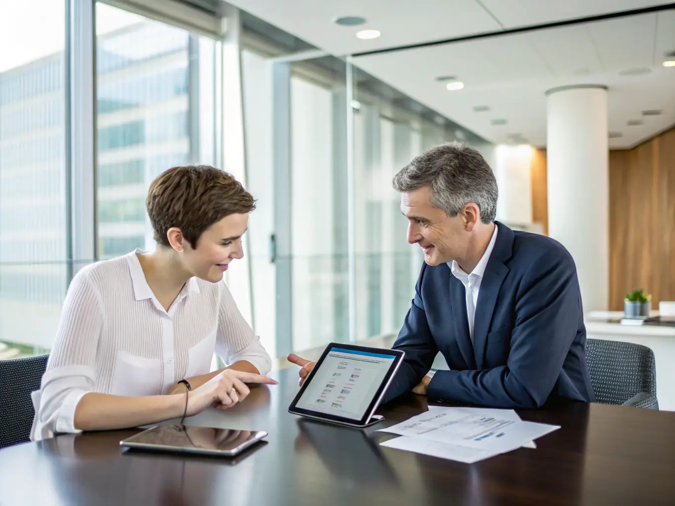 A consultant working with a client, reviewing digital transformation strategies on a tablet, in a modern office setting, emphasizing collaboration and innovation.